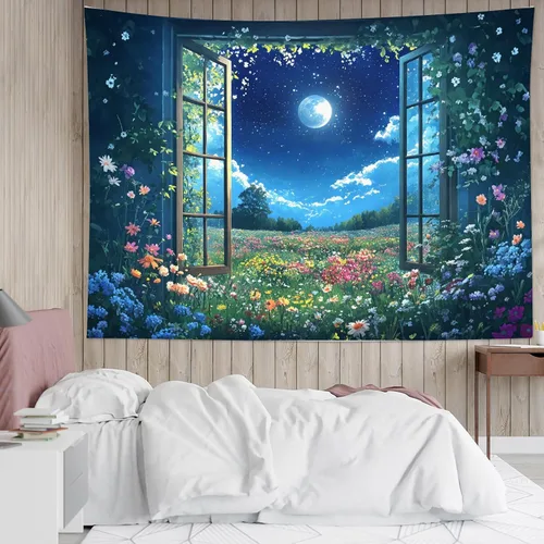 Vista 13 de LB Tapiz de cielo nocturno y océano, tapiz de luna llena sobre el agua, tapiz para colgar en la pared, tapiz de fantasía mágica de acuarela 3D, arte