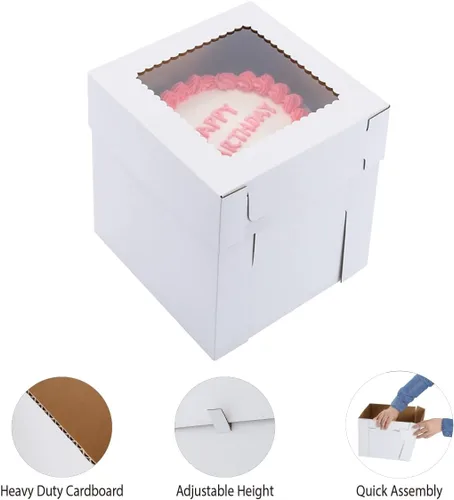 Vista 3 de Cajas altas para pasteles de nivel, 3 tamaños, 6 paquetes de 8 x 8 x 10, 10 x 10 x 12 y 12 x 12 x 12 pulgadas, caja de pastel alta blanca resistente