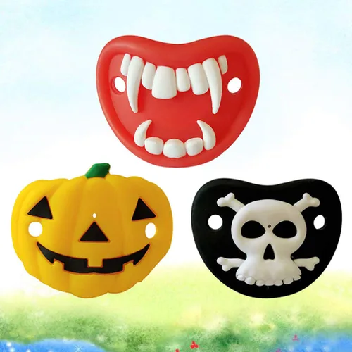Vista 8 de Kisangel Chupetes divertidos con forma de calabaza, esqueleto, vampiros, colmillos, novedad, pezón, bebé, chupete para Halloween, recuerdos de fiesta