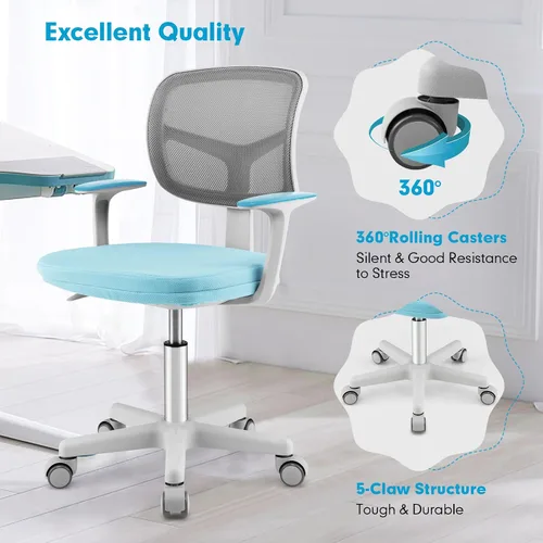 Vista 4 de Silla de escritorio para niños, silla ergonómica giratoria para estudio con soporte lumbar, malla transpirable y ruedas de bloqueo automático, silla
