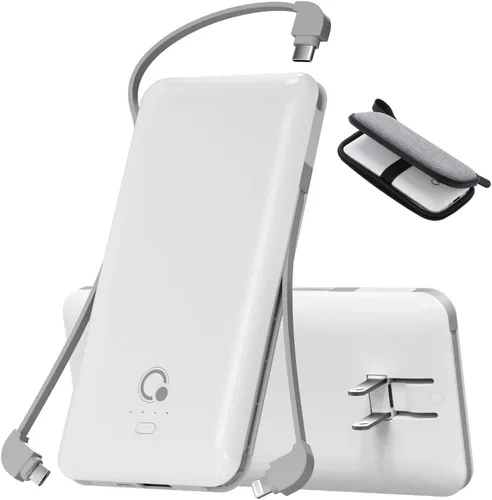 Vista 8 de Q 10000 mAh Banco de energía, cargador portátil delgado, paquete de batería externa con 4 salidas, enchufe de pared AC incorporado, cables Micro USB