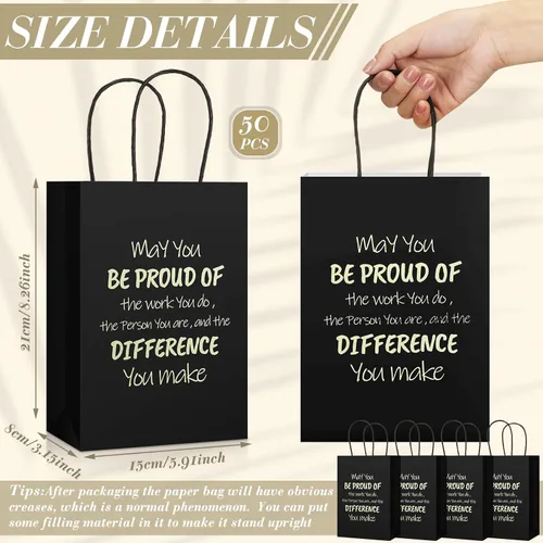 Vista 3 de Kosiz 50 bolsas de regalo de agradecimiento «May You Be Proud», bolsas de papel con asas de 5.9 x 3.1 x 8.3 pulgadas, bolsa de regalo de papel