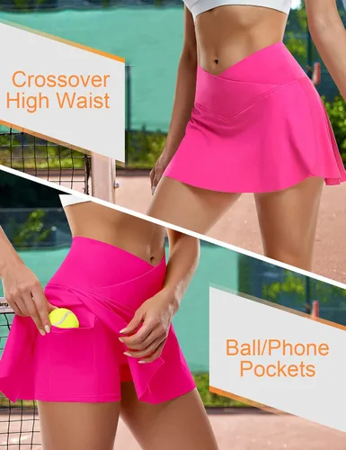 Vista 4 de Ganado Faldas de tenis plisadas para mujer con bolsillos, faldas atléticas con pantalones cortos cruzados de cintura alta, falda pantalón de golf