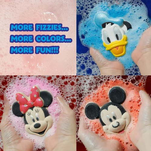Vista 3 de Bombas de baño de Mickey, Minnie y Pato Donald para niños, colores brillantes de arcoíris, con aroma a bayas, para niños de 3 años en adelante