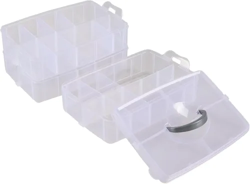 Vista 2 de Caja de almacenamiento apilable de 3 capas con 30 rejillas, caja organizadora de compartimentos transparentes para cuentas, cinta, tornillos