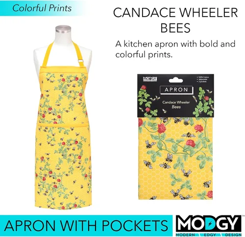 Vista 2 de MODGY, Delantal con bolsillos para mujer, algodón, hornear, cocinar, bonitas flores de primavera Candace Wheeler Abejas