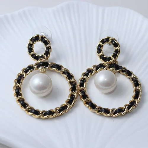 Vista 3 de Pendientes de perlas de cuero de oro de 14 quilates para mujer, Plata de ley, Perla