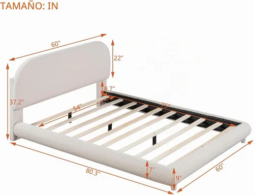 Vista 2 de Cama de Plataforma Tapizada con Forma Curva con Cabecera de Forma Curva, Marco de Cama de Madera Tamaño Full para Dormitorio de Niños y Adultos