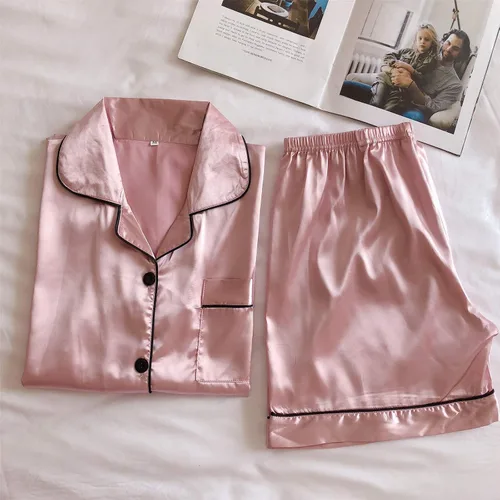Vista 6 de Conjunto de pijama de satén para mujer, de manga corta, con botones, cuello y ropa de dormir de seda suave
