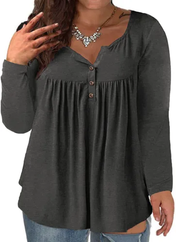 Vista 8 de VISLILY - Camisas tipo túnica de mujer, de manga larga, estilo Henley, talla plus, blusas con botones y plisadas 01_ negro