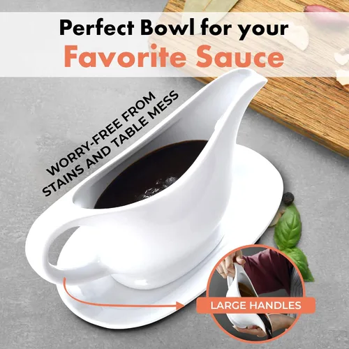 Vista 2 de Bruntmor - Recipiente y bandeja de cerámica para salsa, para aderezos de ensalada, leche, caldo, crema, apto para microondas y lavavajillas, 11