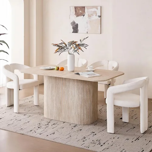 Vista 17 de Juego de 4 mesas de comedor grandes de 63 pulgadas para 4, esquinas redondeadas, mesa de cocina rectangular moderna de madera con sillas Boucle