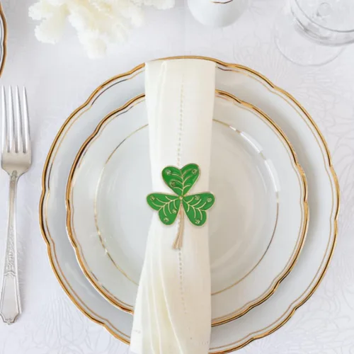 Vista 6 de Juego de 6 servilleteros de trébol verde para decoración de mesa, accesorios para el día de San Patricio