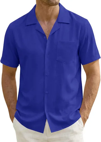 Vista 14 de ZEROYAA Camisas de manga corta con botones y ajuste regular para hombre Rojo llama