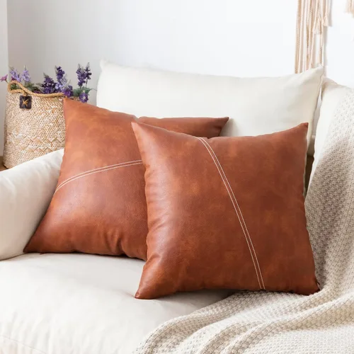 Vista 10 de Juego de 2 fundas de almohada de 20x20 pulgadas de cuero sintético blanco y marrón, almohadas decorativas de algodón estilo boho moderno para sofá