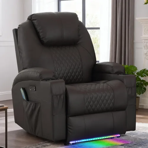 Vista 12 de Silla reclinable eléctrica con calor y masaje para adultos, asiento reclinable eléctrico de cine en casa con luces LED, portavasos, bolsillo