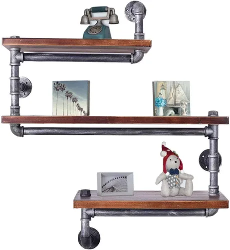Vista 10 de Estantería de tubo industrial Pipe, madera moderna rústica, 3 estantes de pared de tubos escalonados, tubo de hierro forjado, estantería de diseño