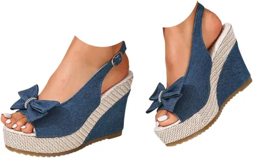Vista 10 de Sandalias de cuña de mezclilla para mujer 2026 con puntera abierta, alpargatas con lazo, zapatos casuales de playa de verano para viajes, fiestas