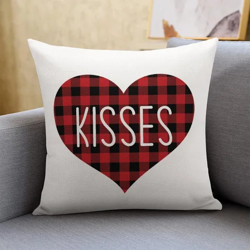 Vista 14 de Red and Black Buffalo Plaid Love Heart Hugs and Kisses Decorative Pillow Cover for Sofa Couch Chair Office Decor 16"x16",Romantic Valentine Pillow