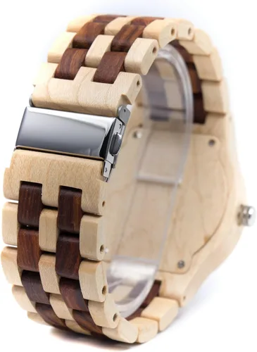 Vista 4 de Bewell Relojes de madera para hombre, reloj de pulsera luminoso de cuarzo analógico hecho a mano
