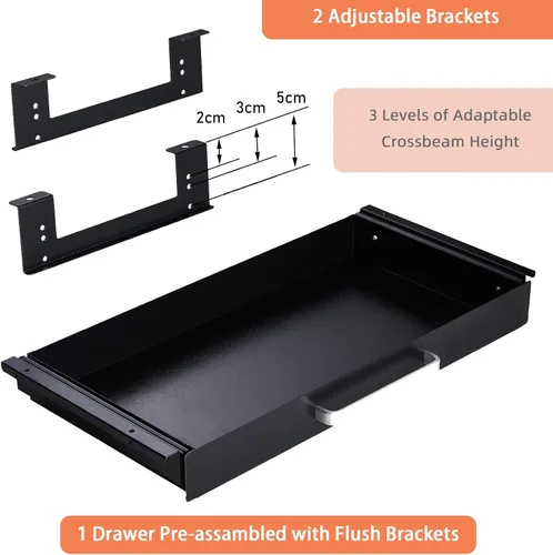 Vista 3 de Organizador de Cajón Bajo el Escritorio 21" Negro Mejorado con Soportes Ajustables, Cajón Deslizante Extraíble Bajo la Mesa para Lápices, Accesorio