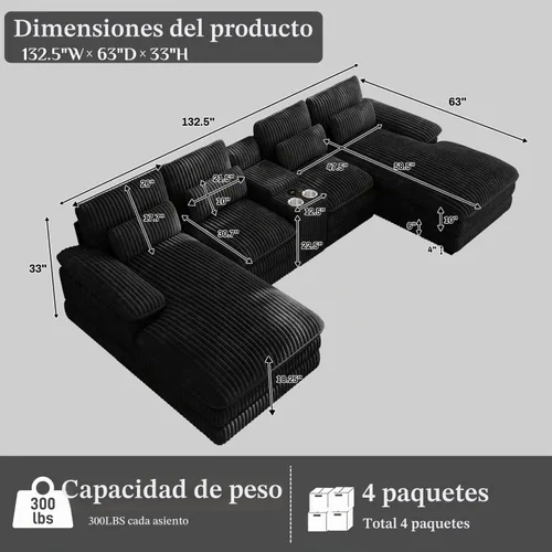 Vista 2 de Sofá modular en forma de U de 132 pulgadas, sofá modular para sala de estar, sofá moderno de pana de felpa de gran tamaño con consola central Negro
