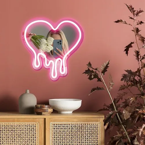 Vista 8 de DECANIT - Espejo de neón de corazón fundido rosa, decoración de pared LED alimentada por USB 12 x 12 in pink LED heart mirror decor, USB powered