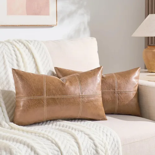 Vista 15 de Fancy Homi Paquete de 2 fundas de almohada decorativas de piel sintética a cuadros negros de 16 x 16 pulgadas para sofá cama sofá, estilo rústico