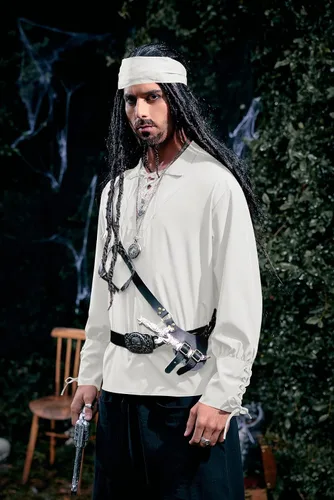 Vista 4 de Camisas de pirata vikingo medieval para hombre, disfraz renacentista, tops escoceses 01 Blanco