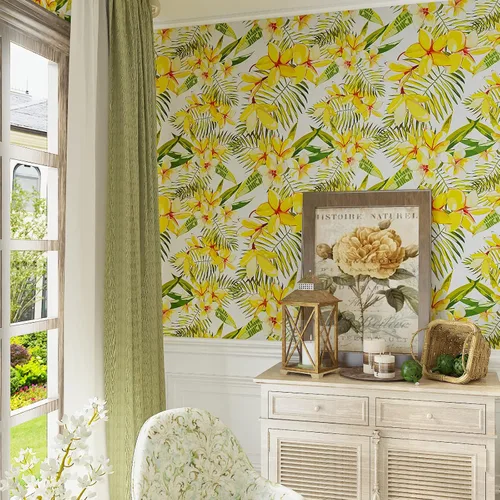 Vista 4 de CRE8TIVE Papel tapiz floral amarillo de tamaño grande de 24 x 354 pulgadas, papel tapiz de hojas florales para despegar y pegar, papel de contacto