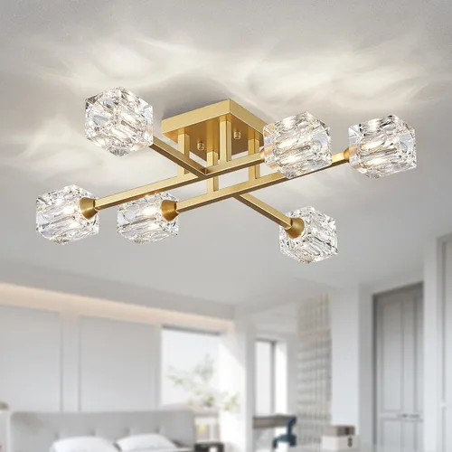 Vista 23 de XINGQI Lámpara de techo moderna de 6 luces, lámpara de montaje semiempotrado Sputnik, lámparas de araña doradas en negro para recámara, comedor