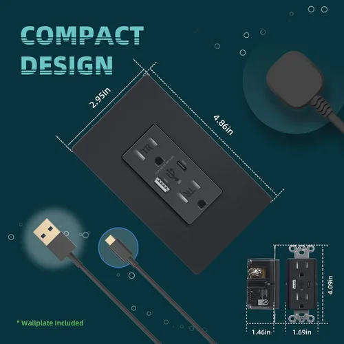 Vista 6 de TOPELER Toma de pared USB C, 30 W PD3.0 y tomas de corriente USB PPS, toma de corriente eléctrica resistente a manipulaciones de 15 amperios