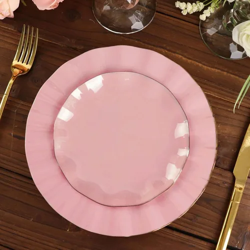 Vista 9 de Tableclothsfactory Paquete de 10 platos redondos de plástico negro de 6 pulgadas para ensalada de postre, platos desechables con borde ondulado