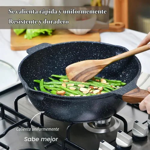 Vista 3 de Sartén antiadherente de 12 pulgadas con tapa y espátula, sartén jumbo de 6 cuartos de galón con boquilla de vertido, wok de chef de granito