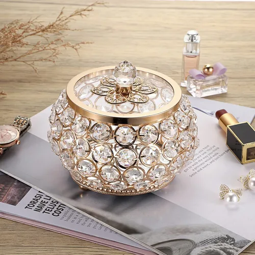 Vista 2 de Hipiwe Joyero de cristal con tapa de cristal caja del tesoro con espejo dorado caja de joyería decorativa anillos aretes collar caja de recuerdo