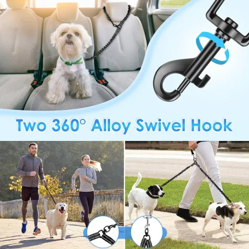 Vista 4 de Correa doble para perros, sin enredos, rotación giratoria de 360°, reflectante, con extensión de bungee, divisor para dos perros, cómoda