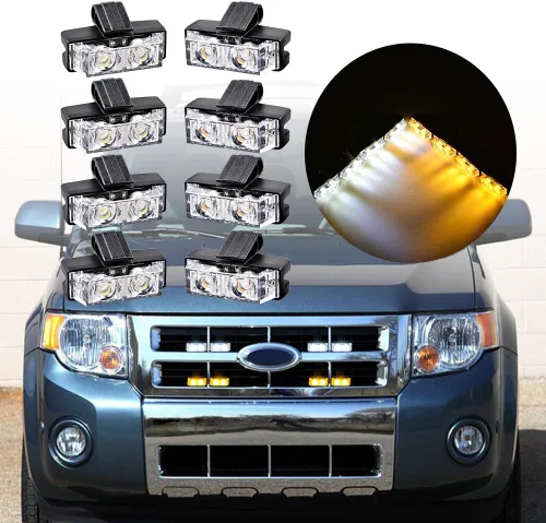 Vista 2 de 4 barras de luz estroboscópica ámbar + 4 luces estroboscópicas ámbar de advertencia de emergencia, 10 modos intermitentes para automóvil, SUV