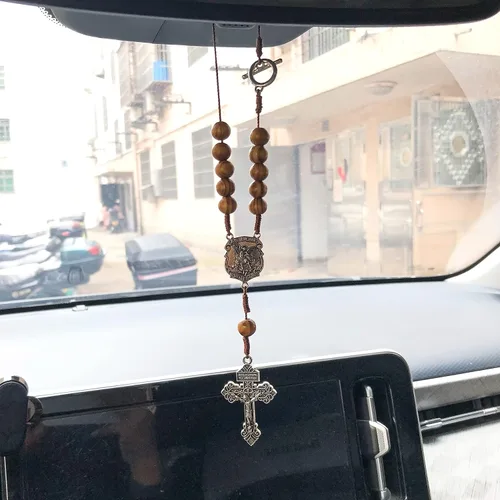 Vista 6 de Nazareth Store Espejo retrovisor para coche, rosario, protección de una década, cuentas de madera, coronilla católica