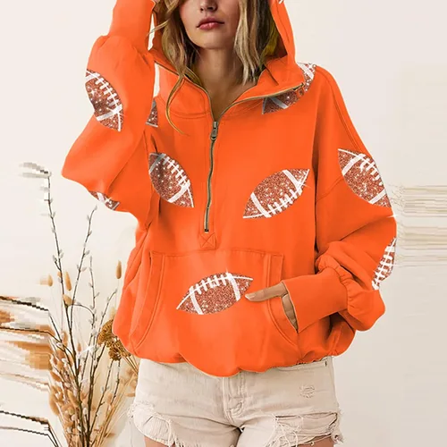 Vista 13 de SeekMe Sudaderas con capucha de lentejuelas para mujer, para el día del partido, suéteres de manga larga con cremallera y bolsillo
