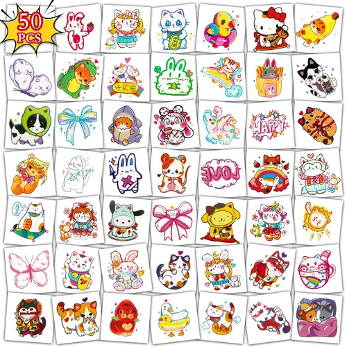 Vista 2 de Konsait 50 hojas de tatuajes de anime, tatuajes de gato de estilo mixto de dibujos animados, envueltos individualmente, tatuajes temporales de gato