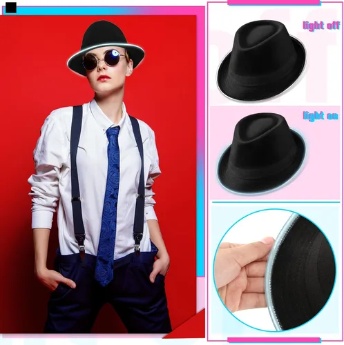 Vista 4 de 10 sombreros con luz LED a granel, sombreros de gángster de los años 20, sombreros de baile de neón para mujeres y hombres, accesorios clásicos