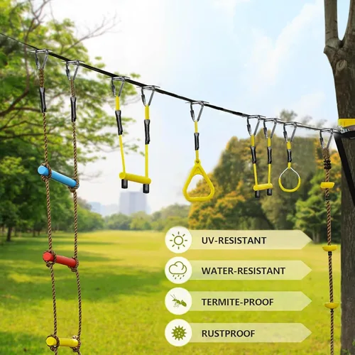 Vista 9 de Ninja Warrior - Carrera de obstáculos para niños, kit de línea floja de 2 x 56 pies con 10 accesorios ninja, barra de mono, escalera de cuerda