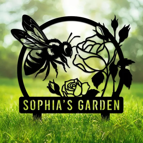 Vista 16 de Letrero de metal personalizado de abeja, cartel colgante de abeja de miel, porche de bienvenida al aire libre, valla de pared con nombre