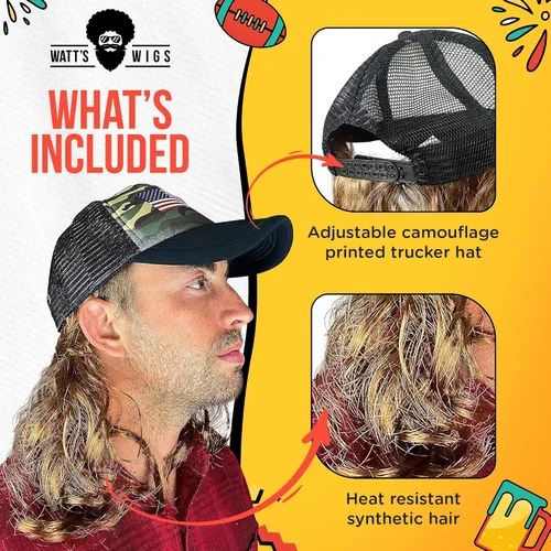 Vista 2 de Watt's Wigs - Sombrero de salmonete con pelo - Gorra de camionero de camuflaje Hillbilly con peluca - Se adapta a niños y adultos (marrón)