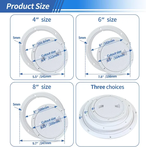 Vista 3 de Hoffen Boat Hatch, 4" 6" 8" Round Non Slip Inspection Hatch w/Detachable Cover for Marine Boat Yacht