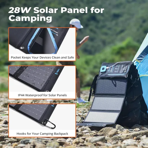 Vista 4 de Cargador solar portátil BigBlue de 28W con amperimetro digital, 25.4% de alta eficiencia, puertos USB-A/USB-C, paneles solares plegables