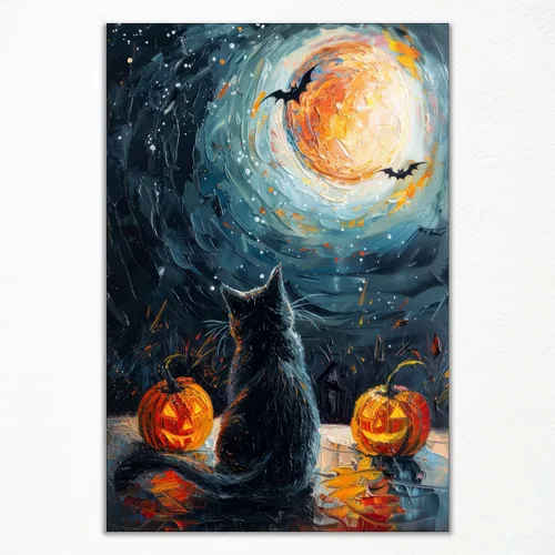 Vista 15 de Póster de fantasma y gato negro en la bañera, arte de pared en lienzo de Halloween de Whimsigoth, pintura de fantasmas y flores, imagen espeluznante