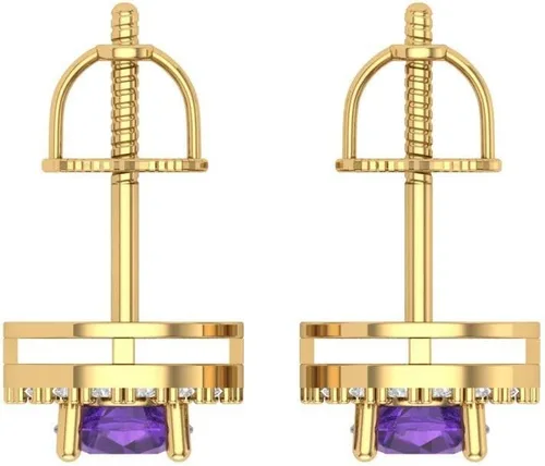 Vista 4 de Aretes de 1,5 quilates con halo de corte redondo y amatista púrpura natural, unisex, diseño solitario con rosca trasera, oro amarillo sólido de 14