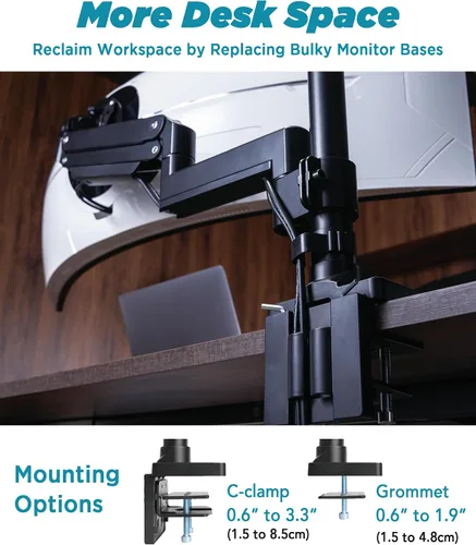 Vista 4 de ULTRARM Brazo de monitor de servicio pesado para monitores ultraanchos de hasta 57" y 44 libras, soporte de escritorio individual, altura ajustable