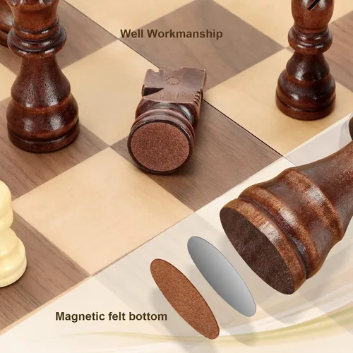 Vista 5 de Juego de ajedrez de madera magnética para adultos y niños, tablero de ajedrez de 12" con piezas hechas a mano, juego de ajedrez plegable y portátil